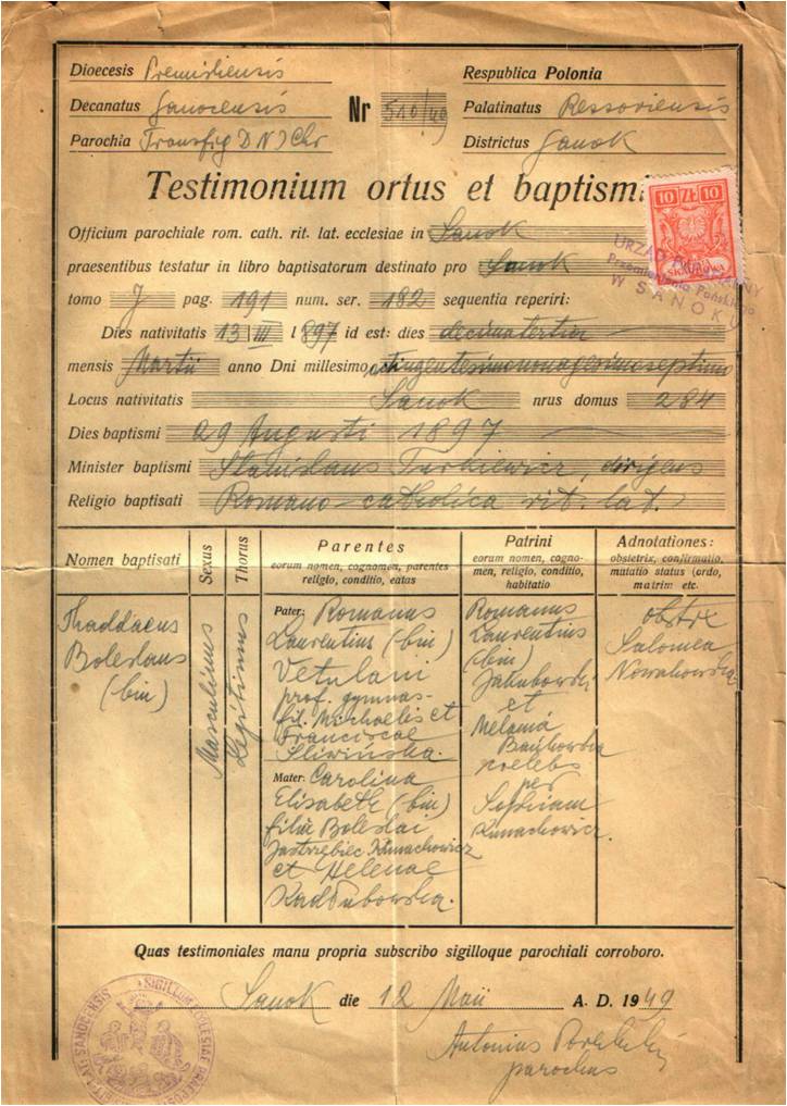 Baptism certificate of Tadeusz Vetulani