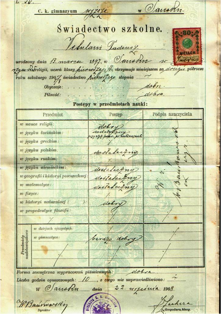 School attendance certificate,Sanok, 1908 