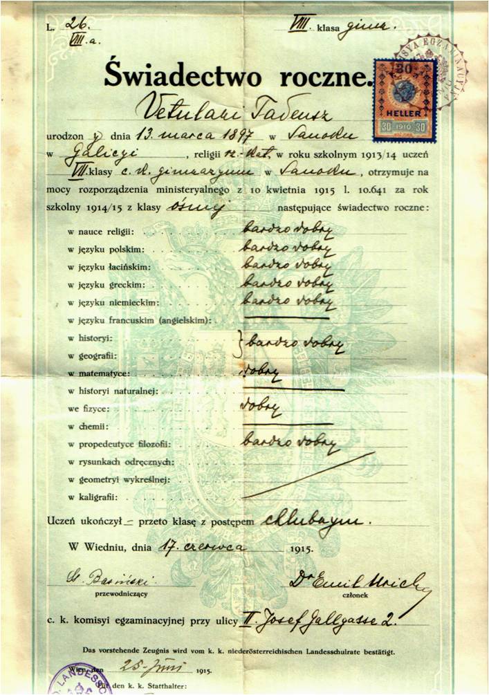 School attendance certificate,Vienna, 1915