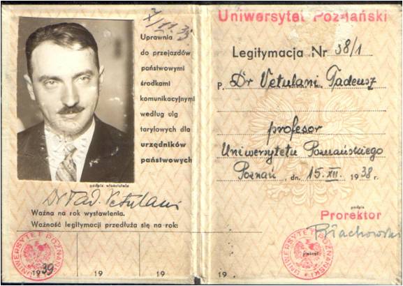 Legitymacja profesora Uniwersytetu Poznańskiego nr 38/1 wydana 15.XII.1938