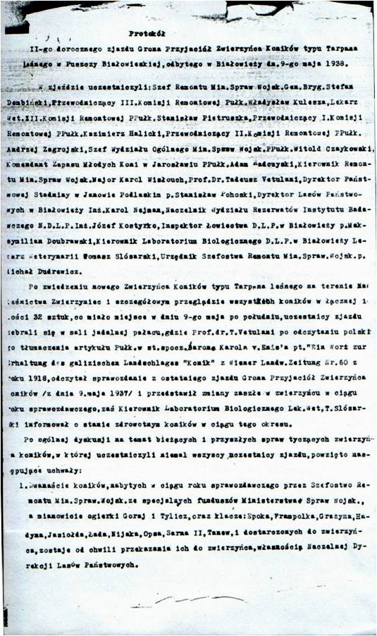 Report from the II annuary Białowieża meeting of the Society of Friends of the Reserve of Horses in the type of forest tarpan, May 9, 1938. Page 1 of 2.