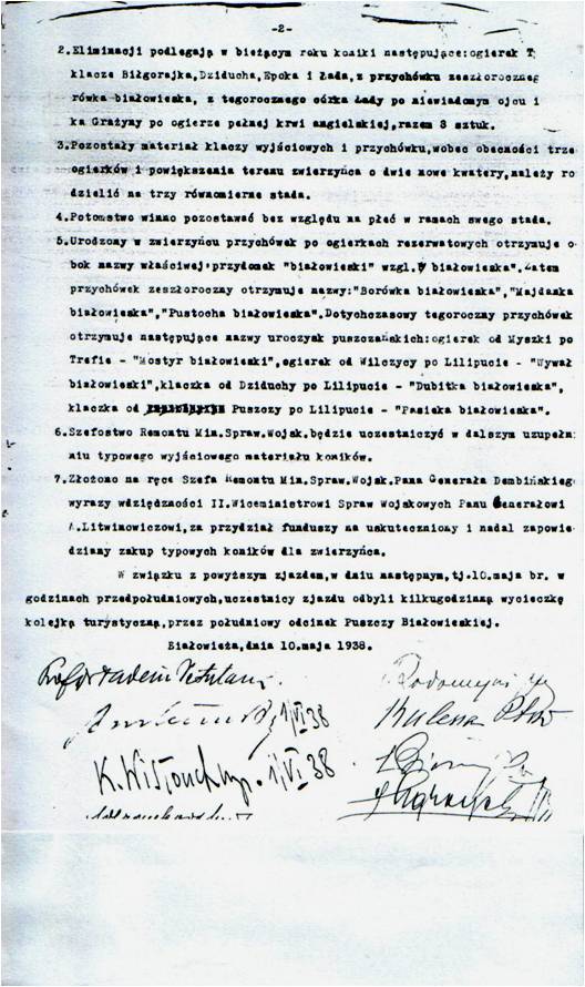Protokół II-go dorocznego zjazdu Grona Przyjaciół Zwierzyńca Koników typu Tarpana Łeśnego z Puszczy Białowieskiej, odbytego w Białowieży dn. 9-go maja 1938. Str. 2 z 2.
