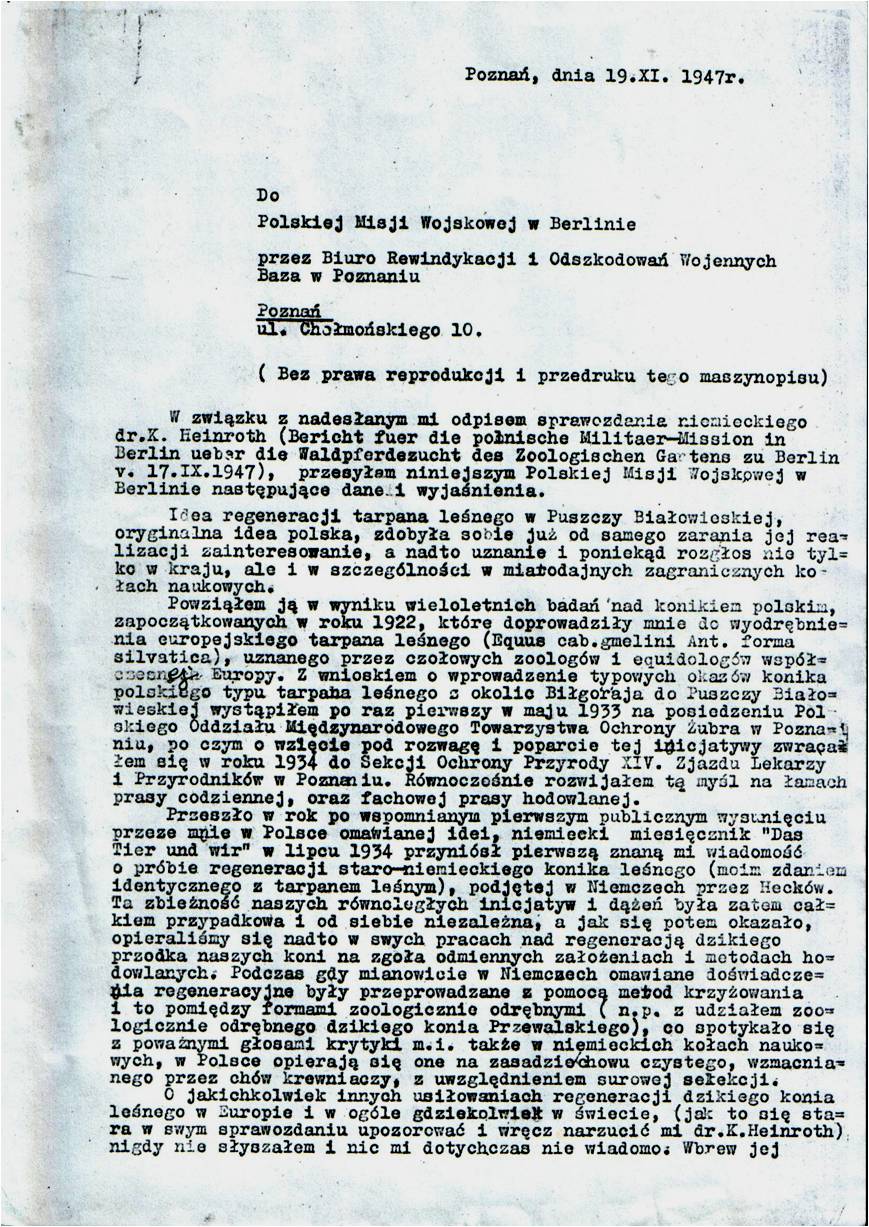 Letter of September 19, 1947 to the Polish Millitary Mission in Berlin containing informations and suggestions concerning continuation of Konik related revendication activities in Germany. Page 1 of 11.