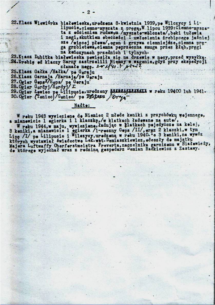Wykaz koników wywiezionych z Białowieży do Niemiec w lutym 1942 (30 pozycji) wraz z notatką o wywózkach w roku 1943 (2 koniki) i 1944 (3 koniki). (maszynopis T.V. z dopiskami ręcznymi) (str. 3 na 3)