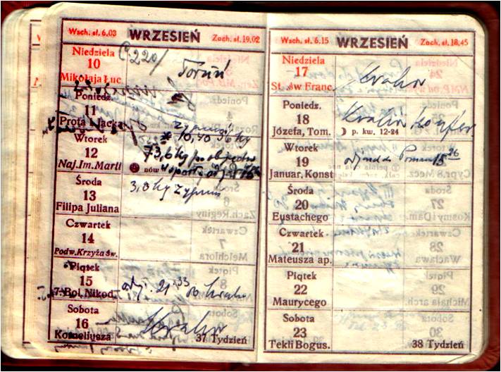 Kalendarzyk Tadeusza Vetulaniego na rok 1950. Wpis z dnia 12 września odnosi się do narodzin syna Zygmunta